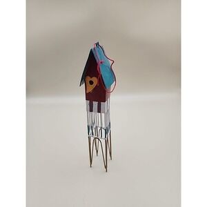 Miniature Birdhouse‎ Blue Brown Yellow Heart Christmas Ornament Hand Painted